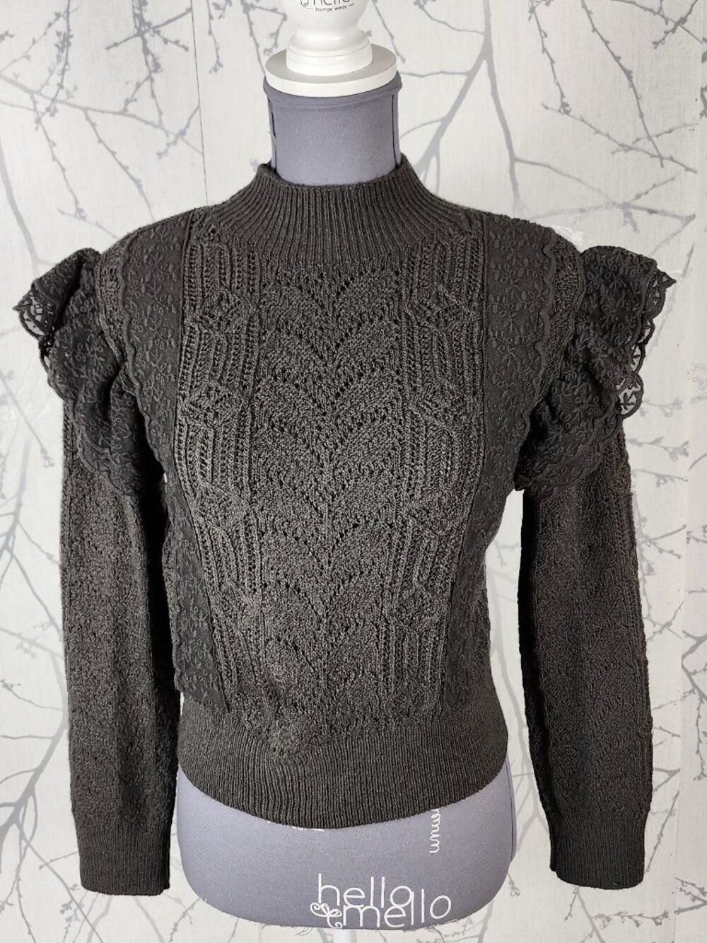 Zara Gray Lace Ruffle Trim Mockneck Cropped Sweater - Picture 2 of 8